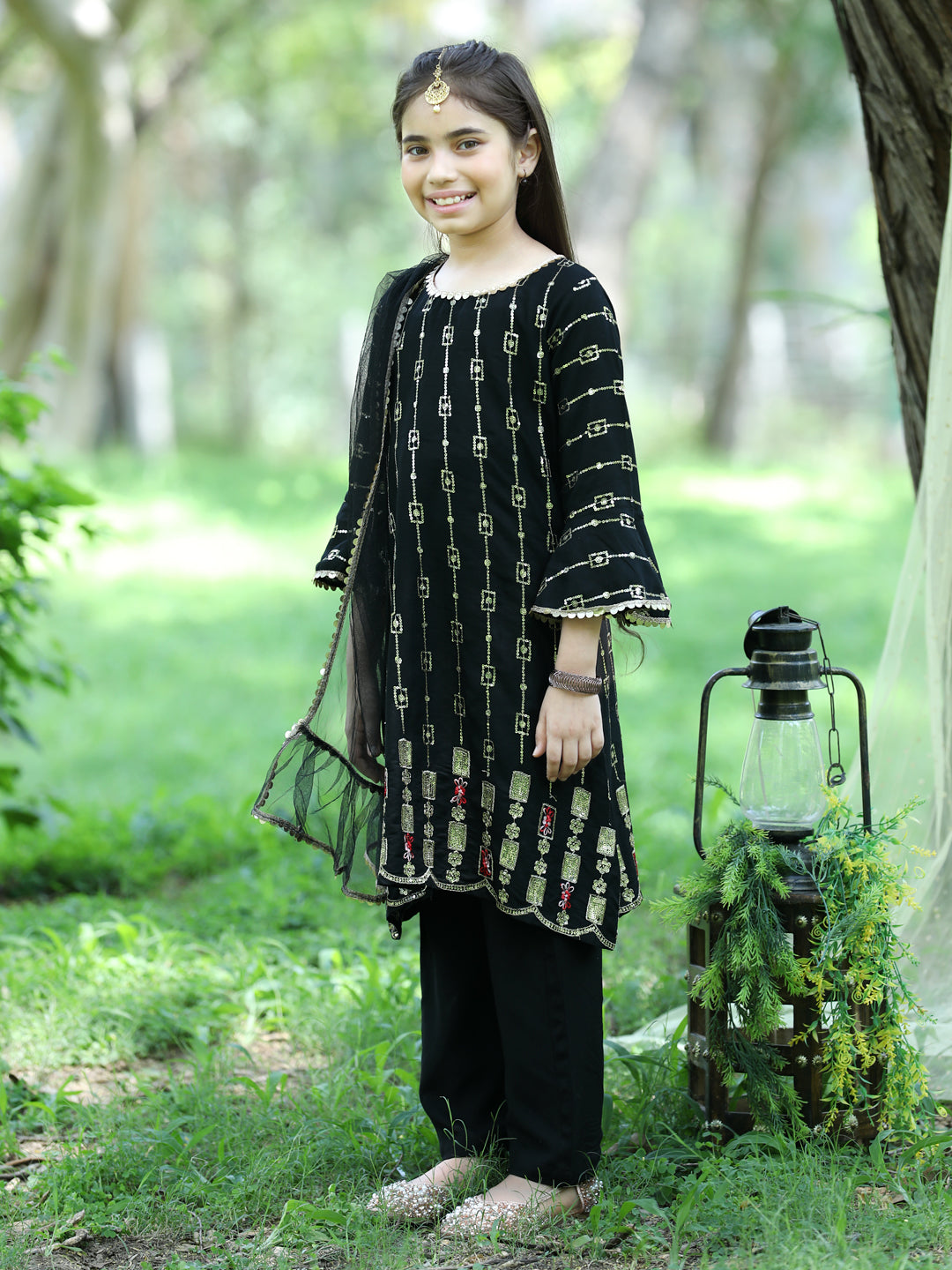 Cutiekins Sequence Embroided A-line Kurta, Palazzos & Dupatta Set-Black & Golden