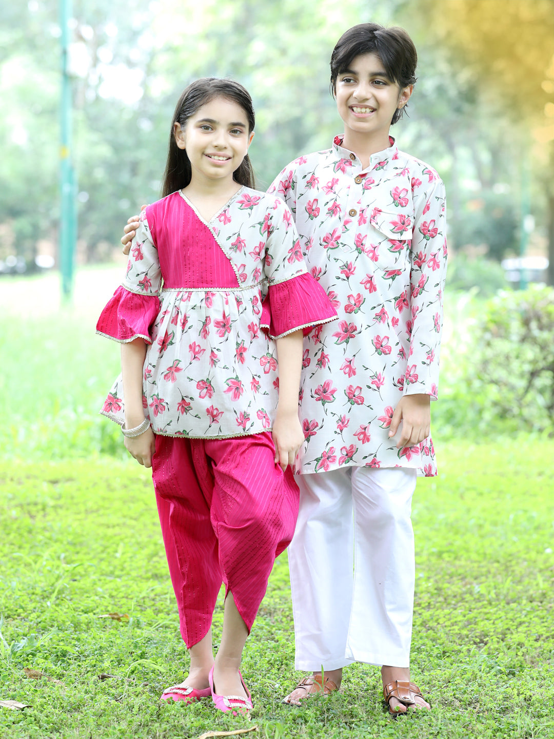 Cutiekins Ethnic Motif Printed Peplum Kurta & Dhoti Set-Pink & White