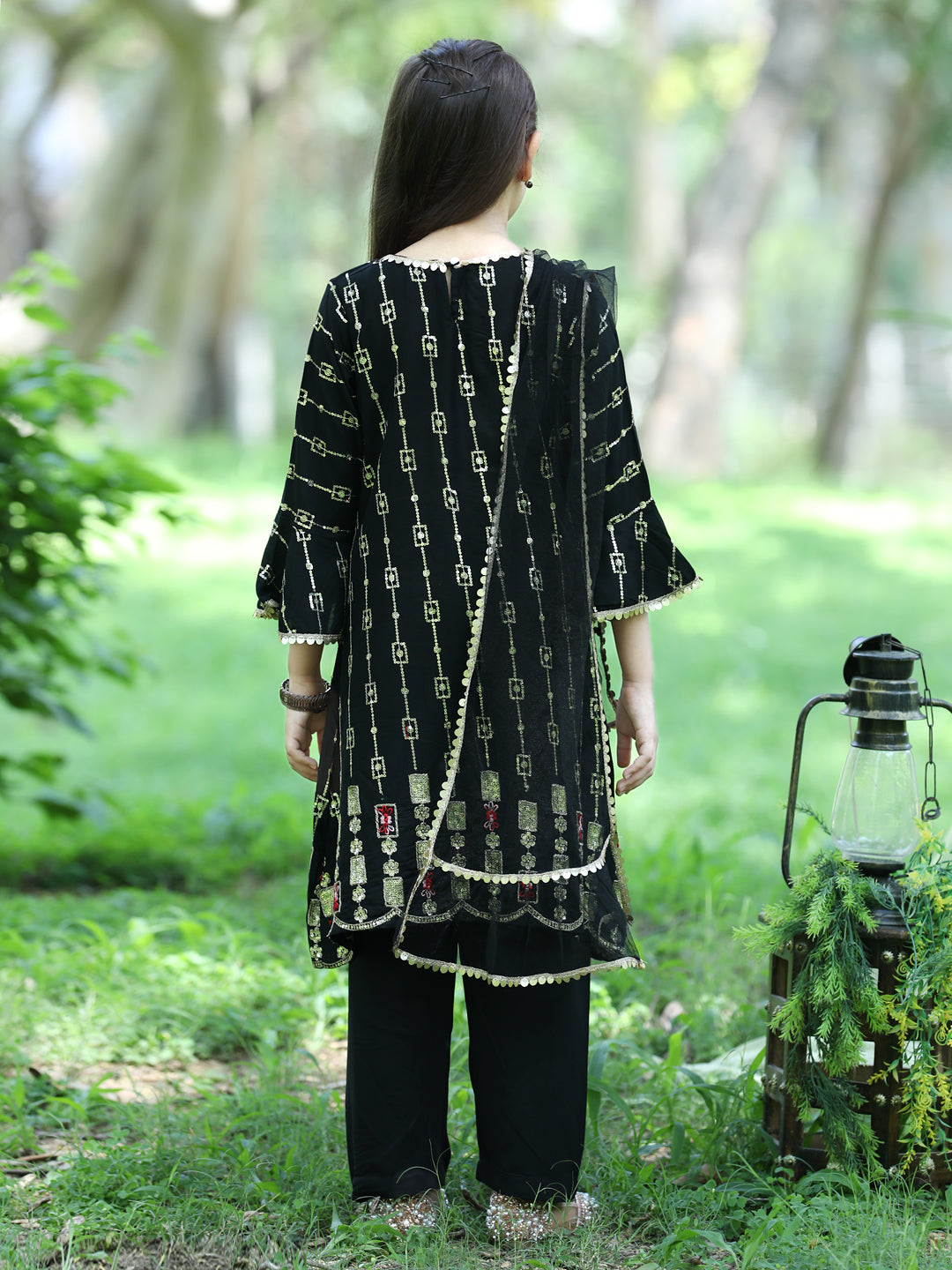 Cutiekins Sequence Embroided A-line Kurta, Palazzos & Dupatta Set-Black & Golden