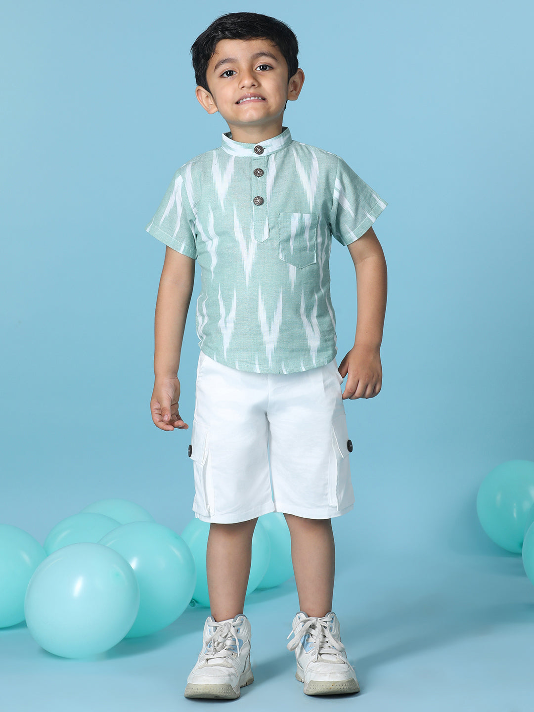 Cutiekins Boys Abstract Print T-Shirt With Solid Denim Short -Mint & White