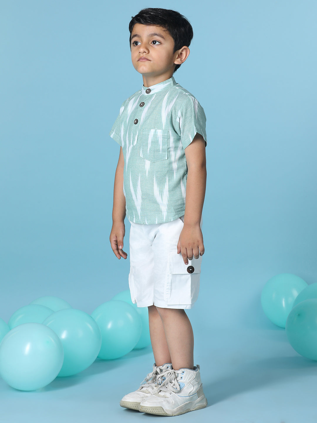 Cutiekins Boys Abstract Print T-Shirt With Solid Denim Short -Mint & White