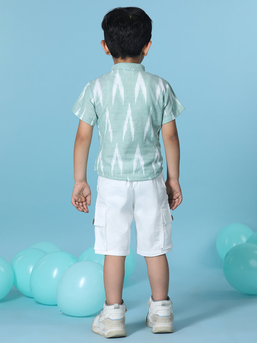 Cutiekins Boys Abstract Print T-Shirt With Solid Denim Short -Mint & White