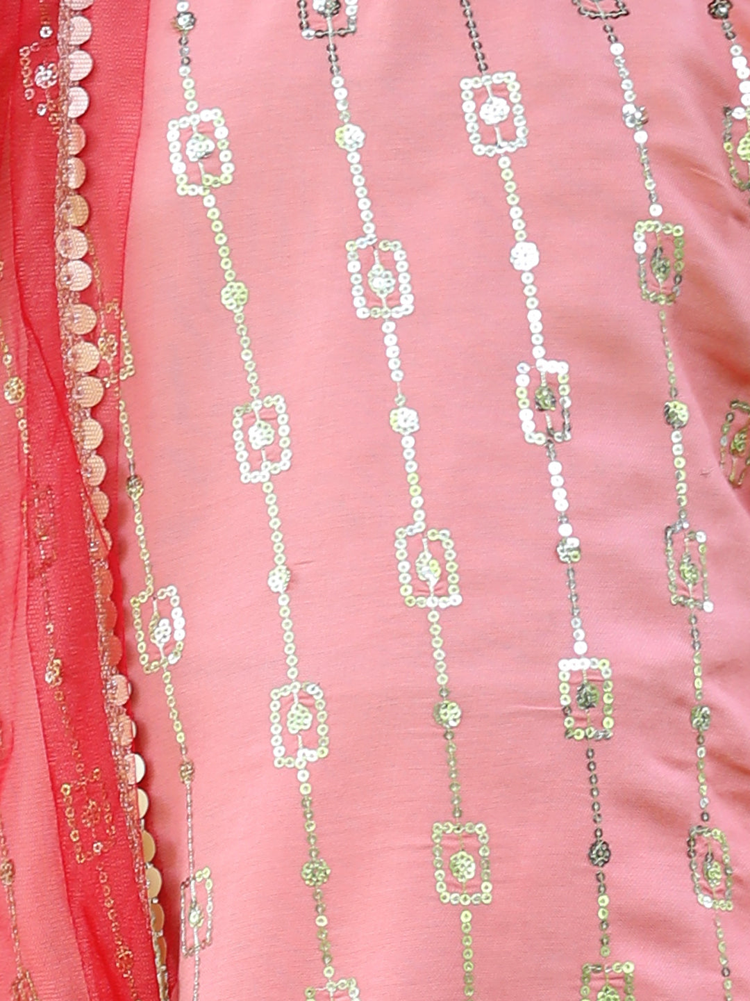 Cutiekins Sequence Embroided A-line Kurta, Palazzos & Dupatta Set-Peach & Golden