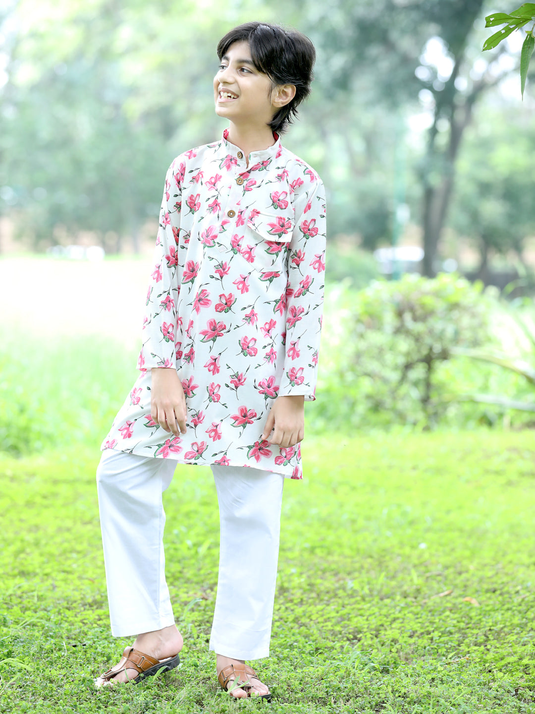 Cutiekins Printed Kurta and Pajama Set-White & Off White