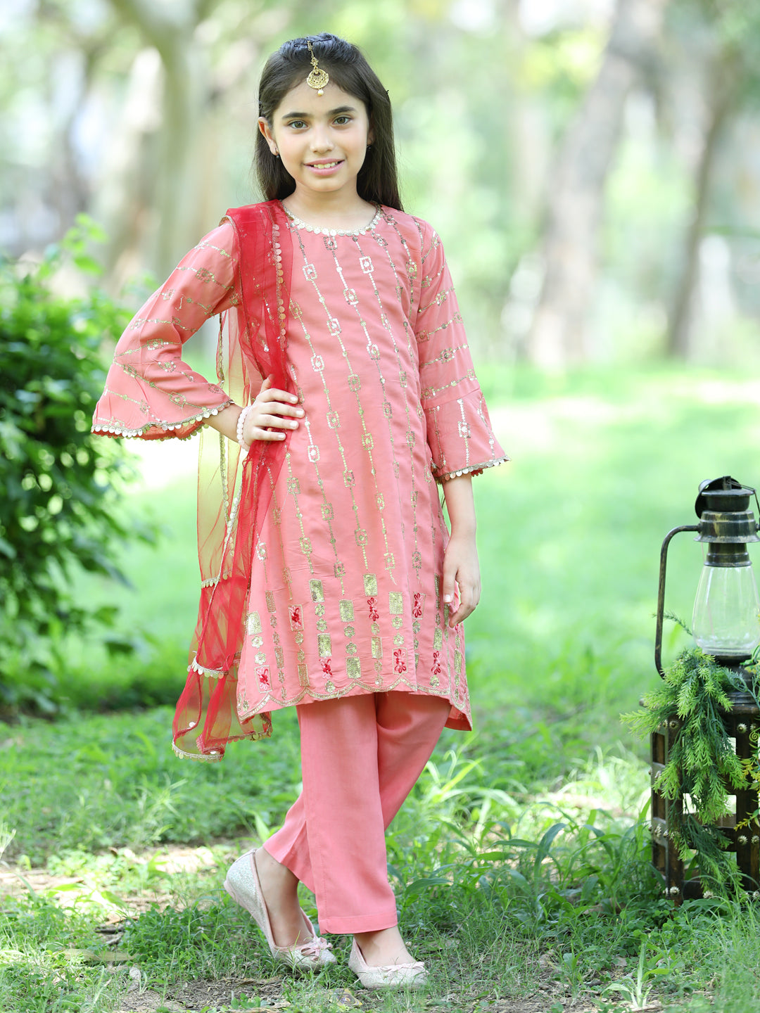 Cutiekins Sequence Embroided A-line Kurta, Palazzos & Dupatta Set-Peach & Golden