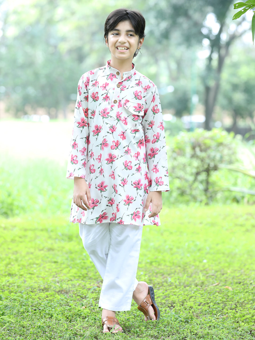Cutiekins Printed Kurta and Pajama Set-White & Off White