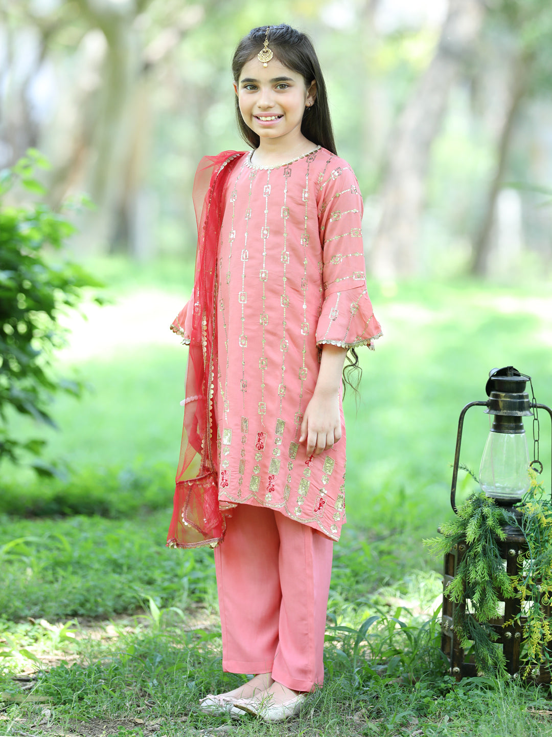 Cutiekins Sequence Embroided A-line Kurta, Palazzos & Dupatta Set-Peach & Golden