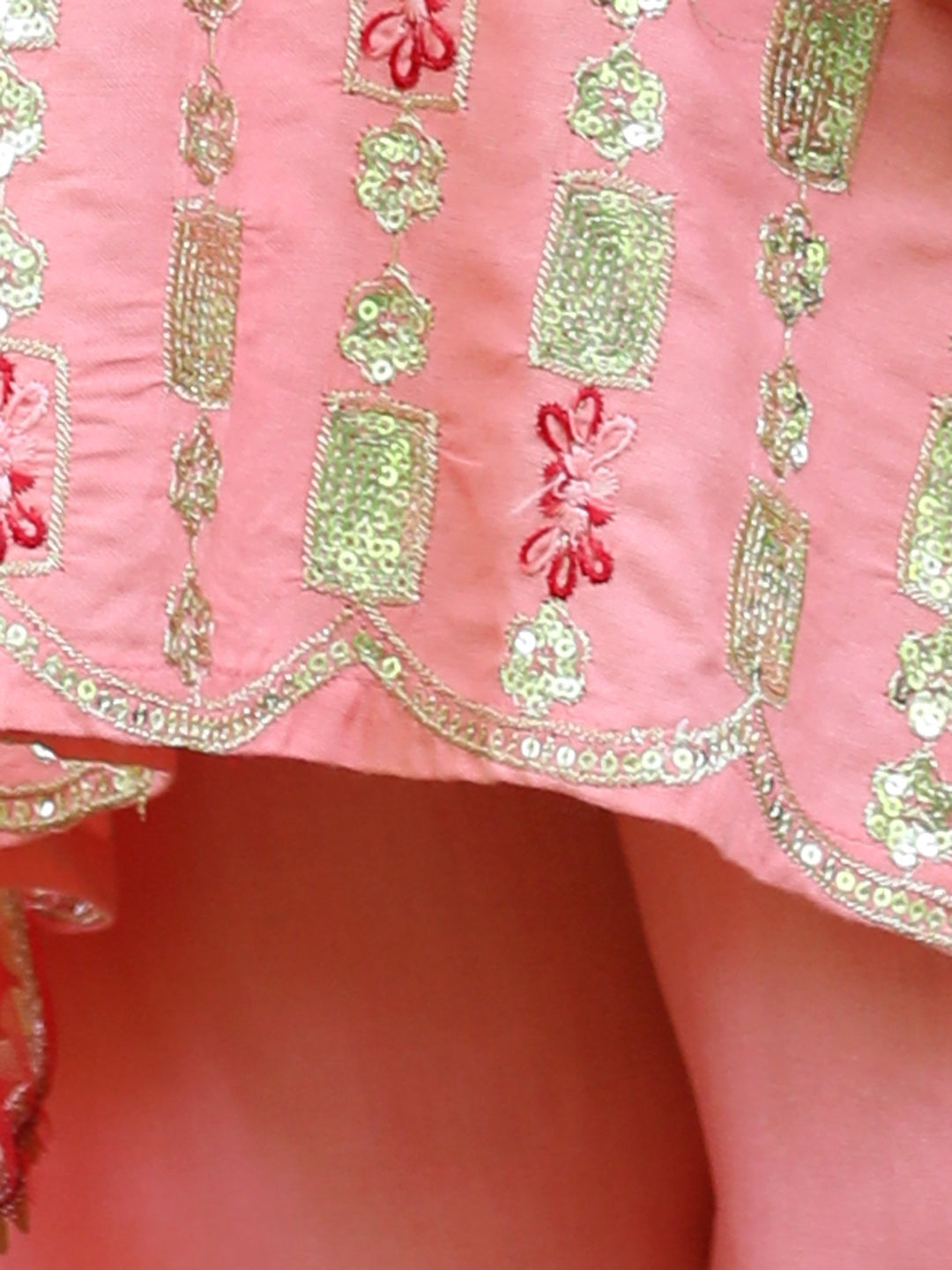 Cutiekins Sequence Embroided A-line Kurta, Palazzos & Dupatta Set-Peach & Golden