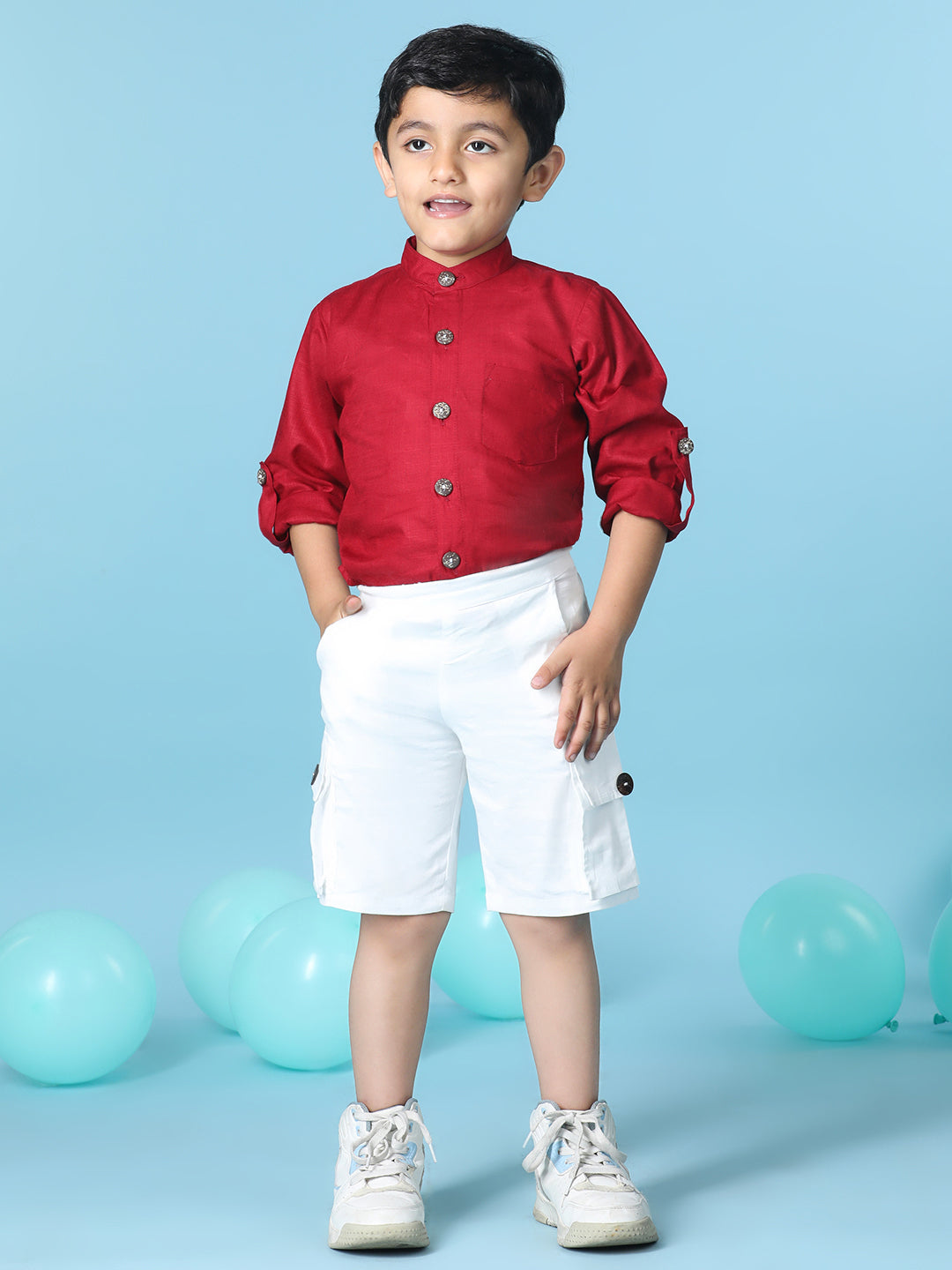 Cutiekins Boys Solid Shirt With Solid Denim Short -Maroon & White