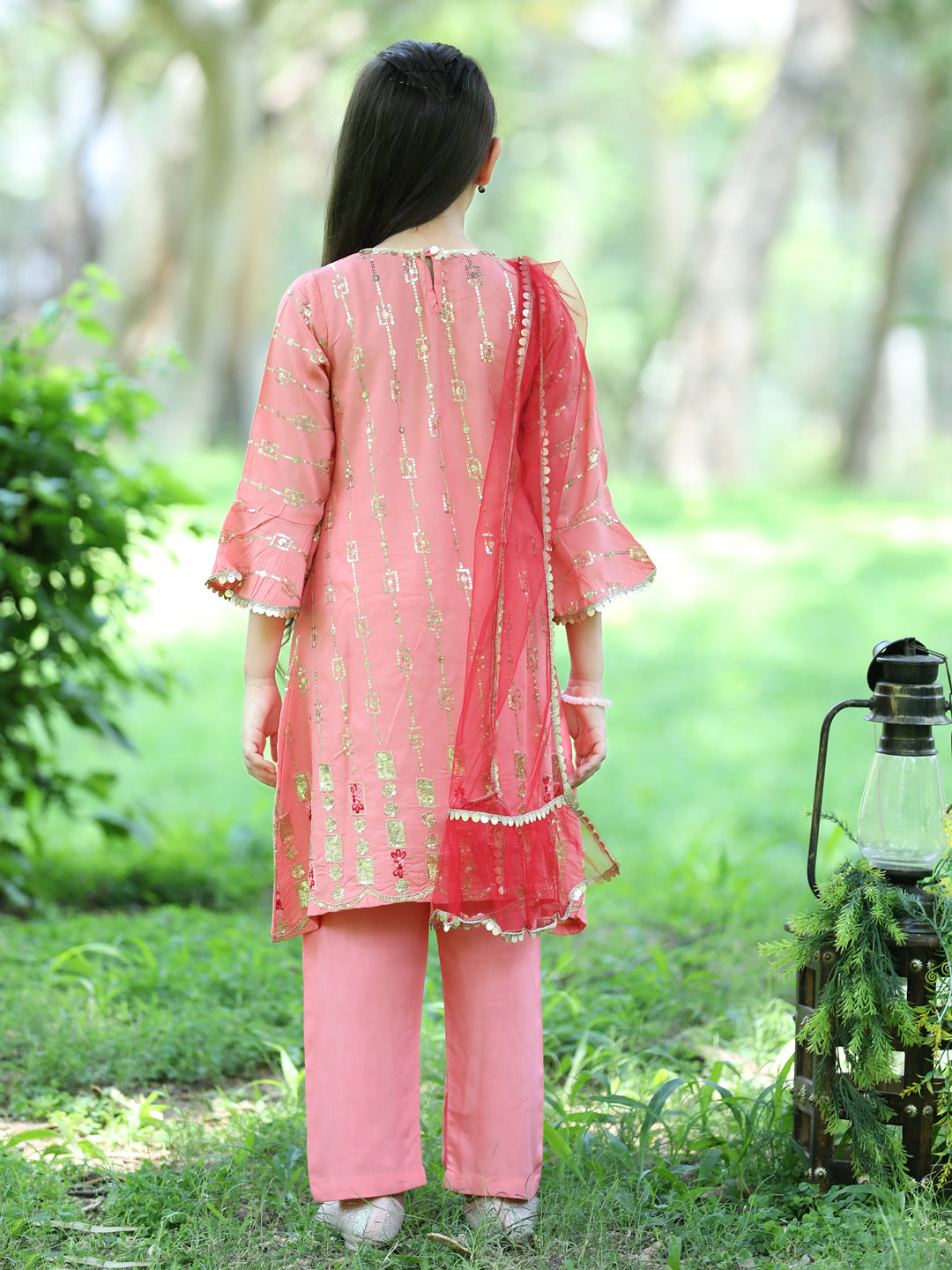 Cutiekins Sequence Embroided A-line Kurta, Palazzos & Dupatta Set-Peach & Golden