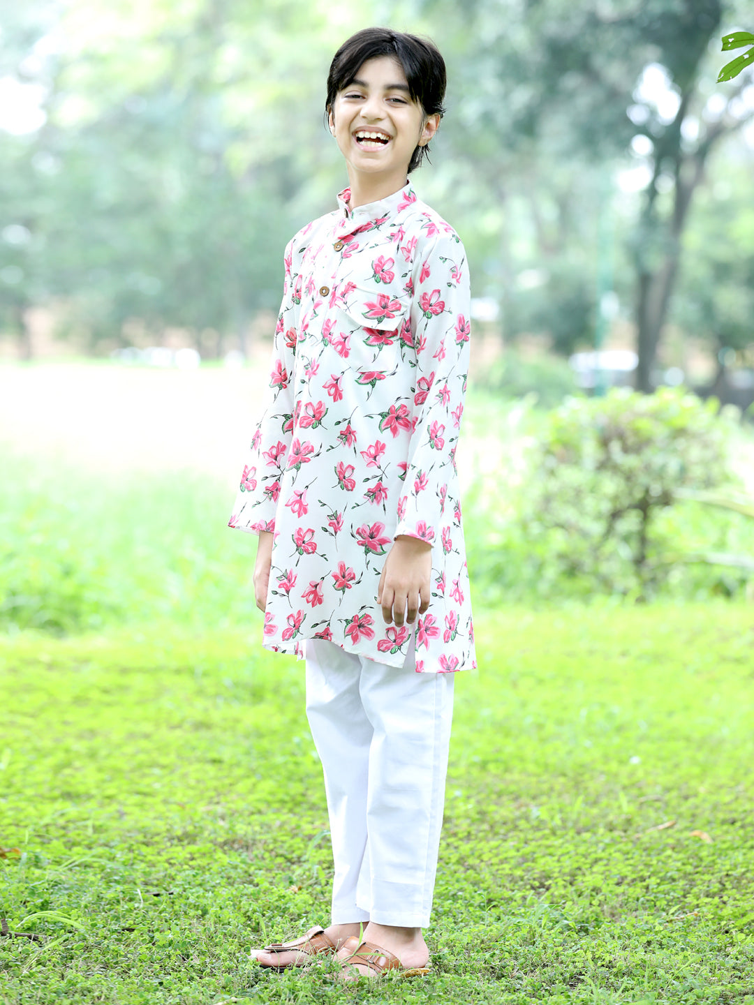 Cutiekins Printed Kurta and Pajama Set-White & Off White