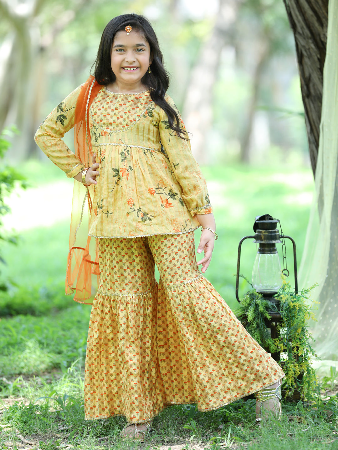 Cutiekins Ethnic Motif Printed Kurta ,Sharara and Dupatta Set-Mustard & Orange