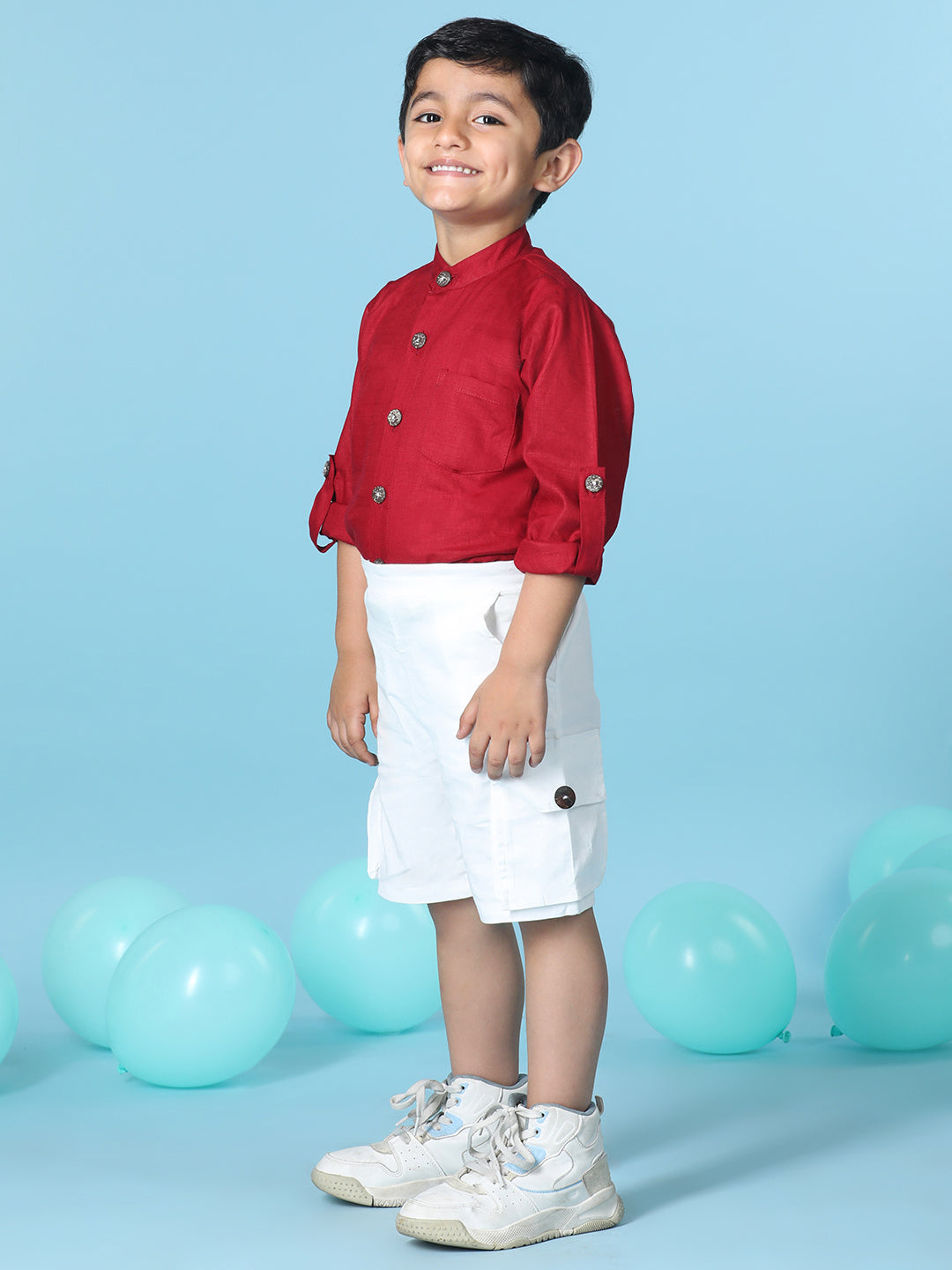 Cutiekins Boys Solid Shirt With Solid Denim Short -Maroon & White