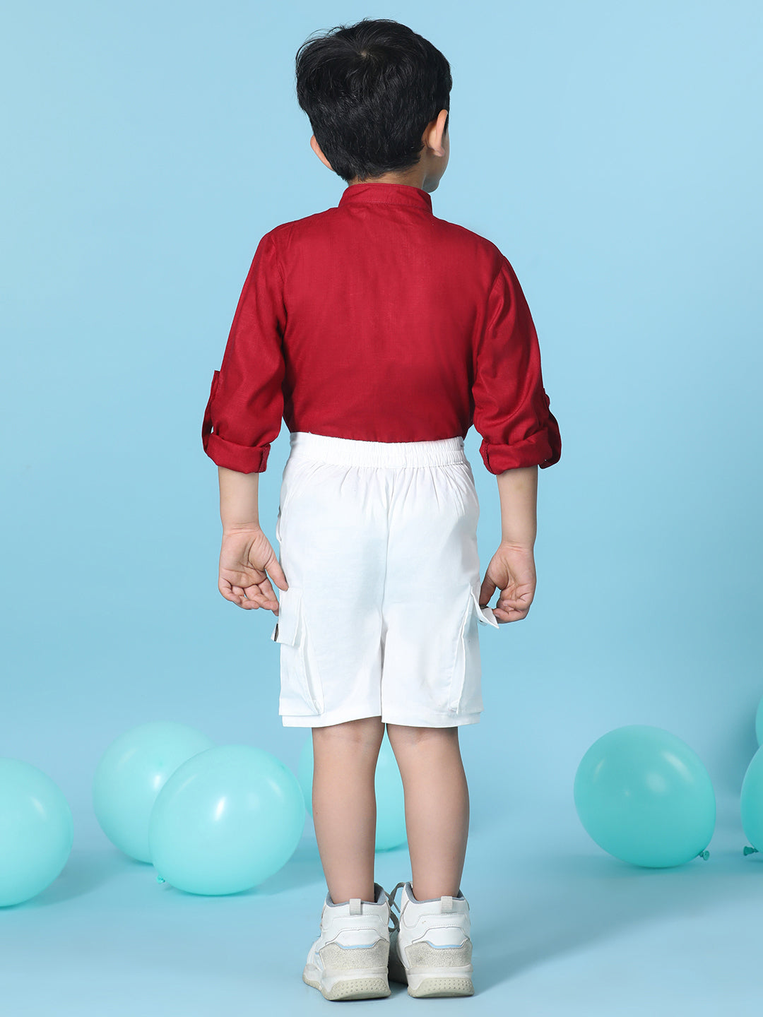 Cutiekins Boys Solid Shirt With Solid Denim Short -Maroon & White