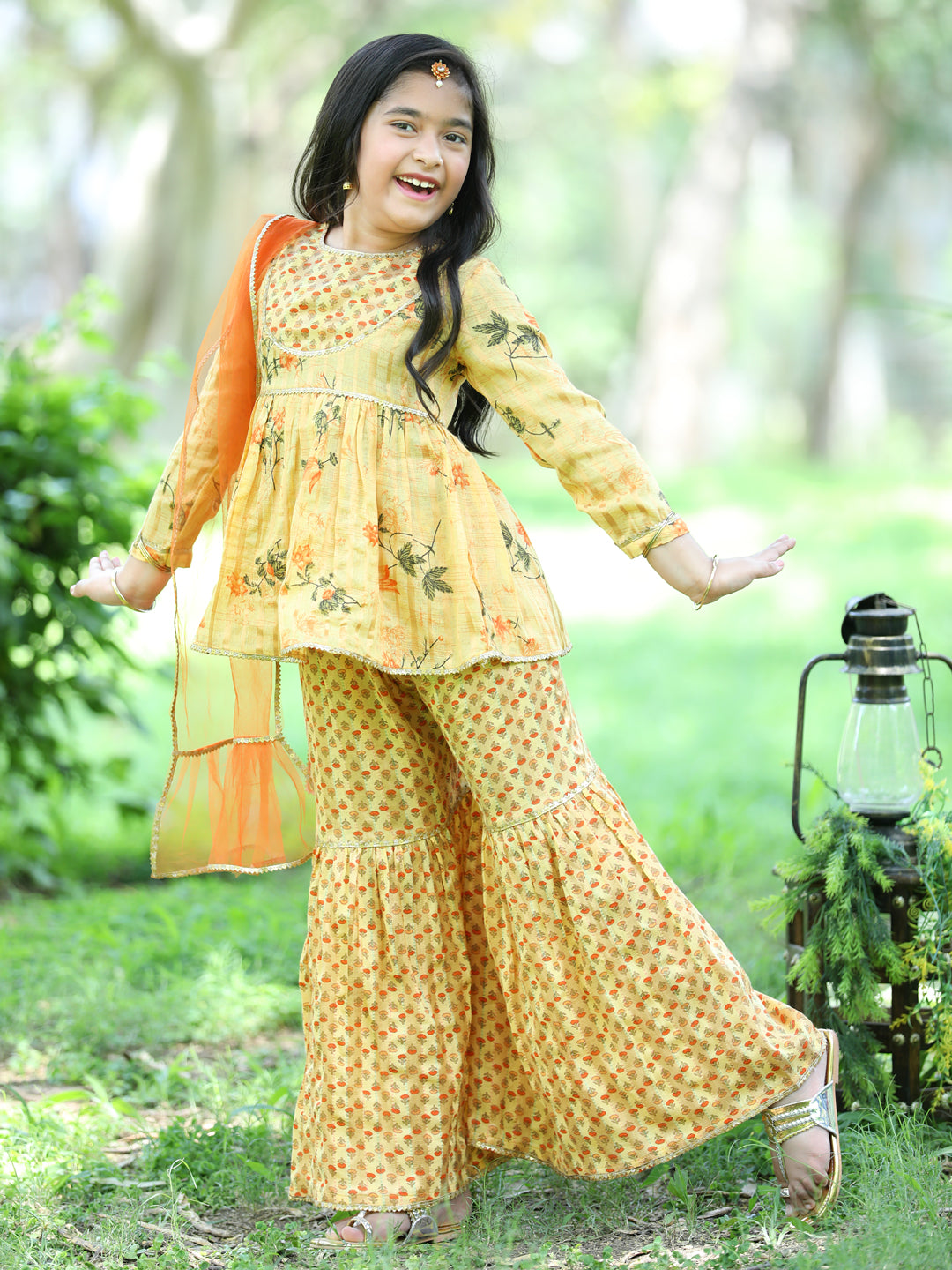 Cutiekins Ethnic Motif Printed Kurta ,Sharara and Dupatta Set-Mustard & Orange
