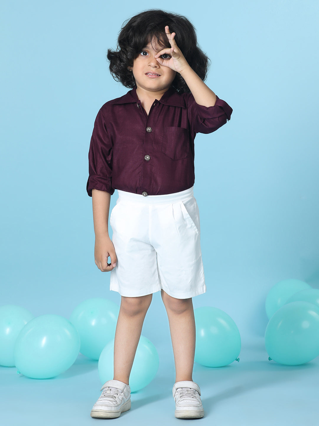 Cutiekins Boys Solid Shirt With Solid Short -Wine & White