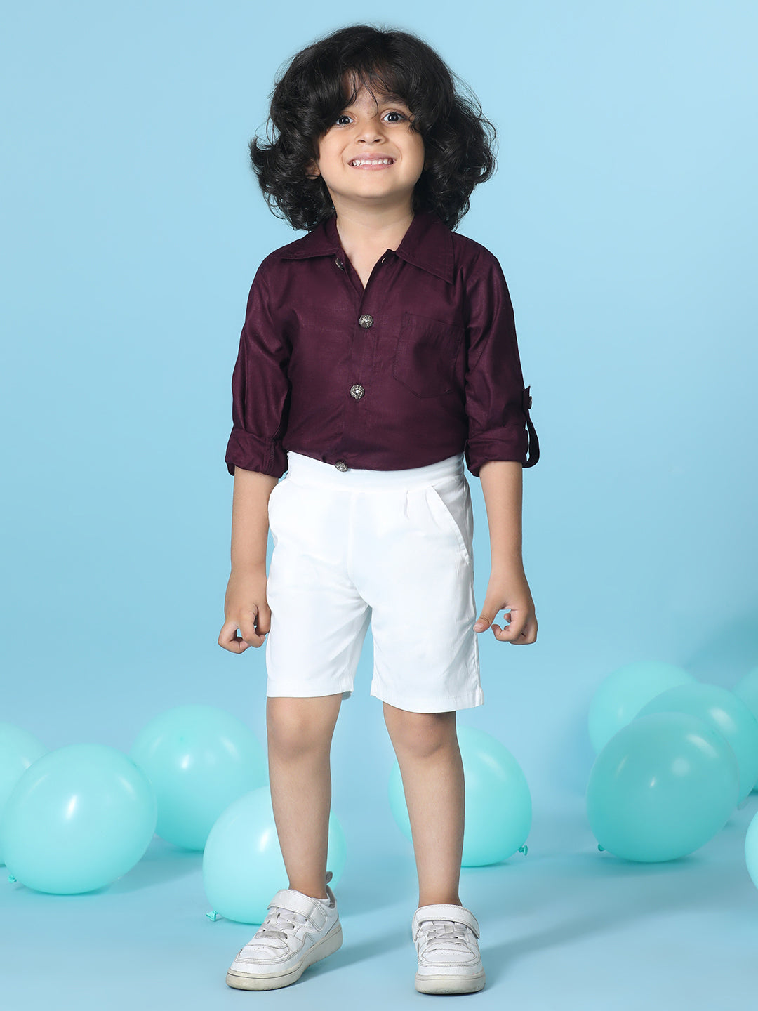 Cutiekins Boys Solid Shirt With Solid Short -Wine & White