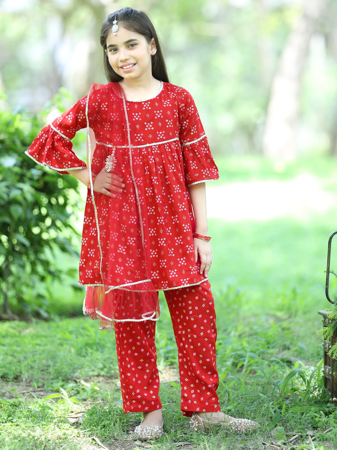 Cutiekins Ethnic Motif Printed A-line Kurta, Palazzos & Dupatta Set-Red & Golden