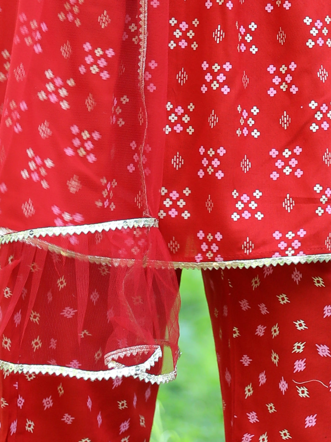 Cutiekins Ethnic Motif Printed A-line Kurta, Palazzos & Dupatta Set-Red & Golden