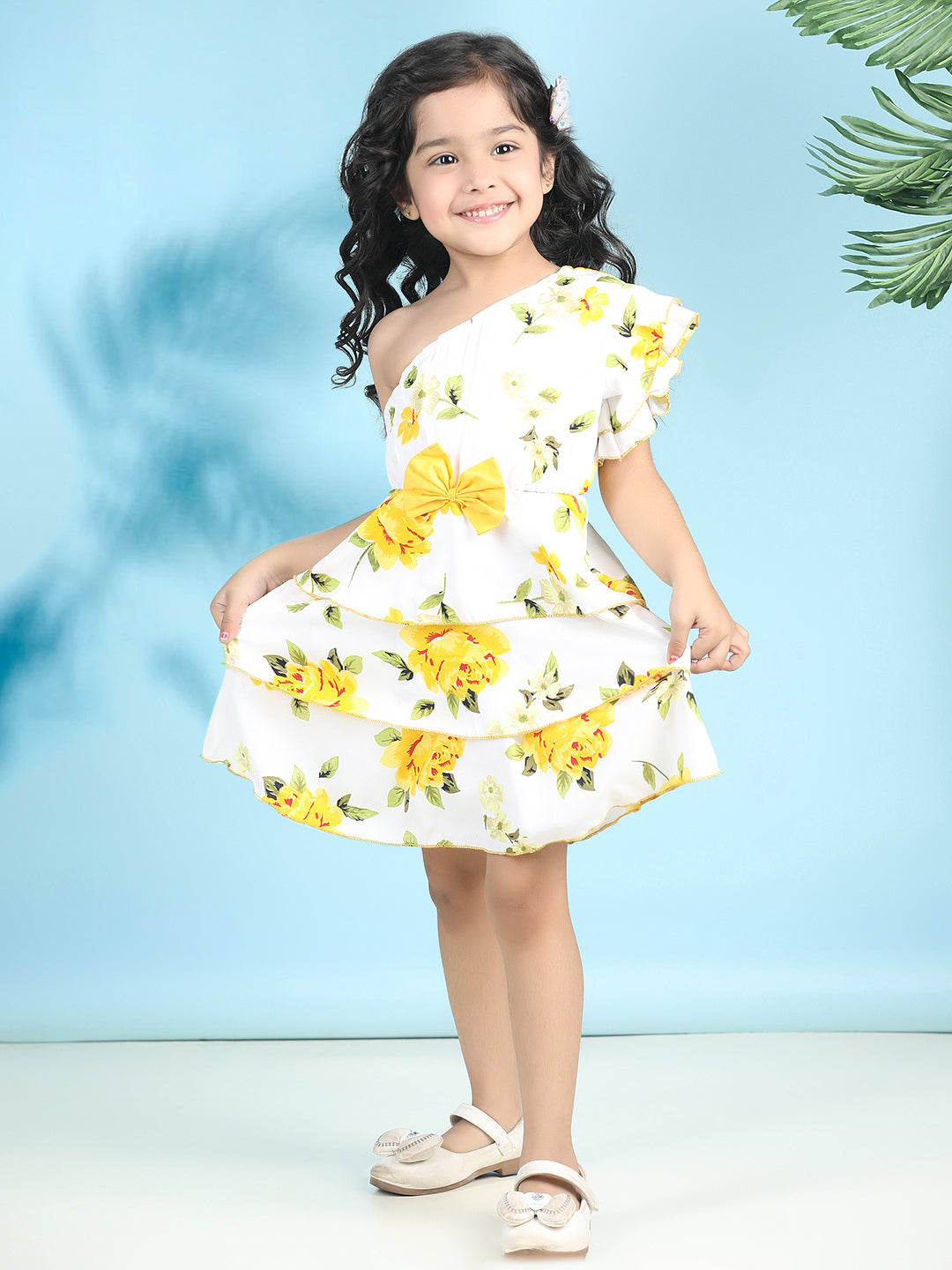 Cutiekins Girls Trendy & Stylish Floral Printed Dress -Off White & Yellow