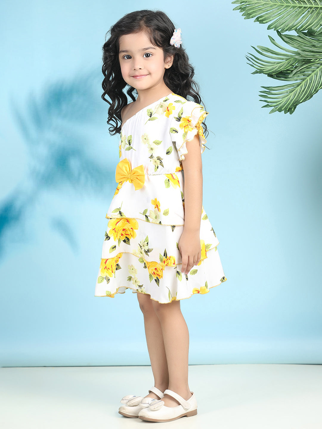 Cutiekins Girls Trendy & Stylish Floral Printed Dress -Off White & Yellow