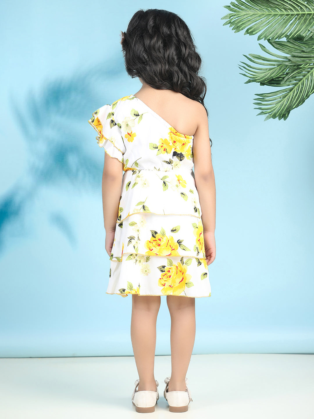 Cutiekins Girls Trendy & Stylish Floral Printed Dress -Off White & Yellow