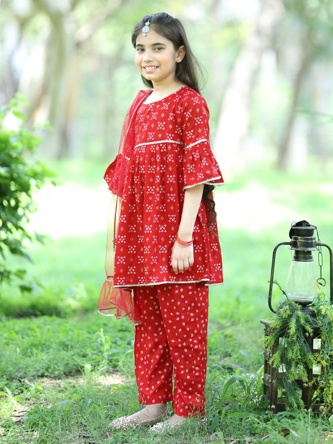 Cutiekins Ethnic Motif Printed A-line Kurta, Palazzos & Dupatta Set-Red & Golden