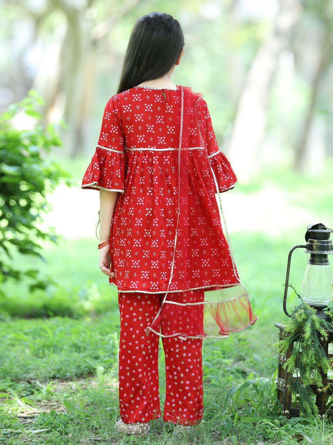 Cutiekins Ethnic Motif Printed A-line Kurta, Palazzos & Dupatta Set-Red & Golden