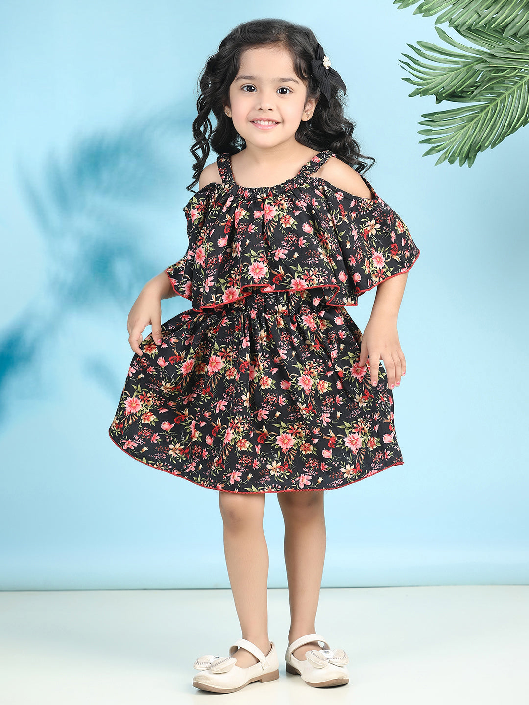 Cutiekins Girls Trendy & Stylish Floral Printed Dress -Black & Pink