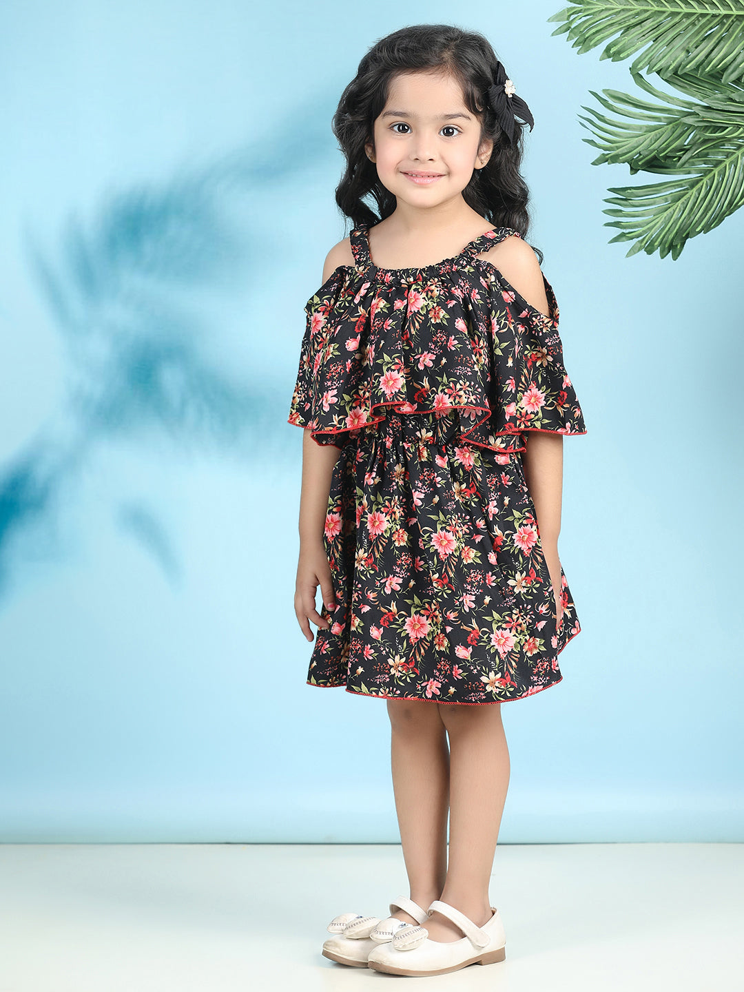 Cutiekins Girls Trendy & Stylish Floral Printed Dress -Black & Pink