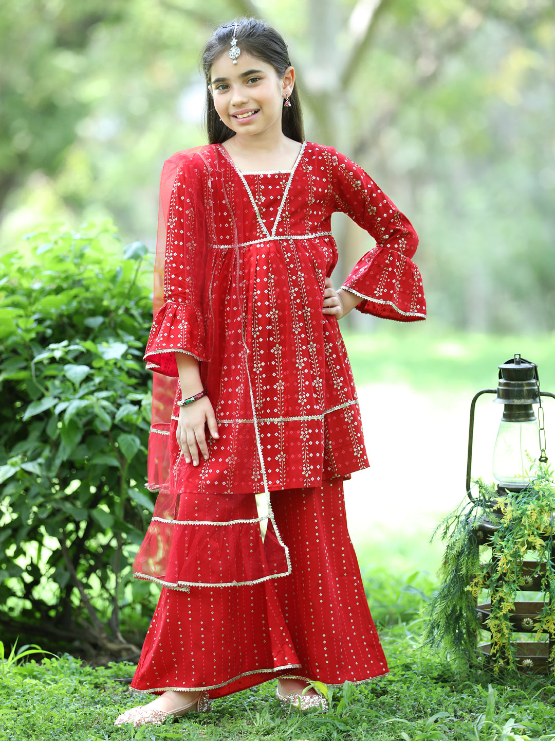 Cutiekins Ethnic Motif Printed A-line Kurta,Bell Bottom Palazzo & Dupatta Set-Red & Golden