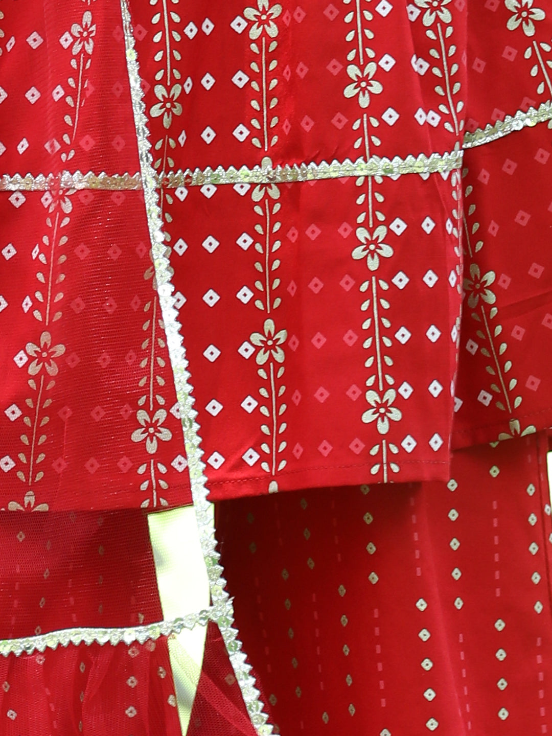Cutiekins Ethnic Motif Printed A-line Kurta,Bell Bottom Palazzo & Dupatta Set-Red & Golden