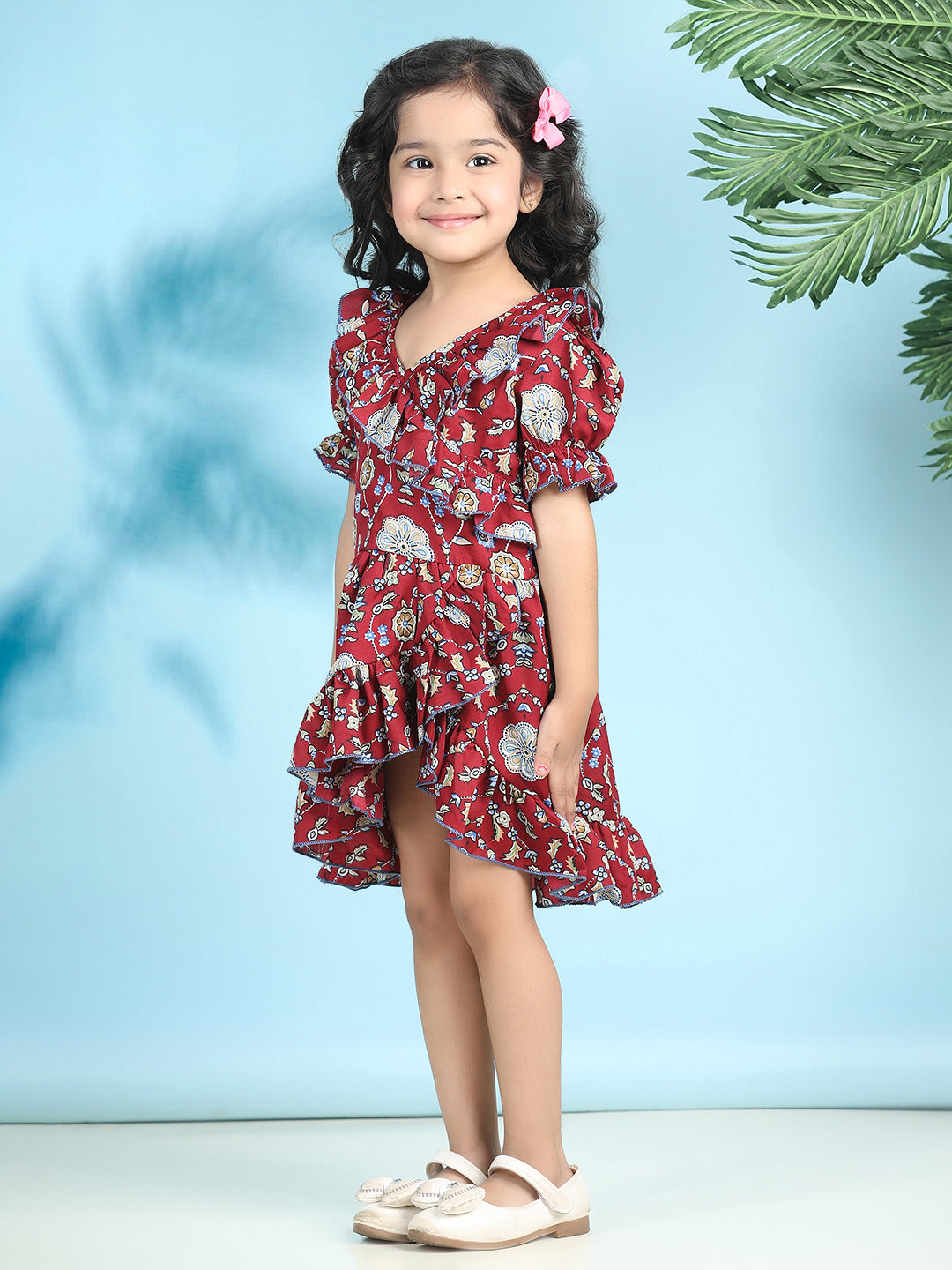 Cutiekins Girls Trendy & Stylish Floral Printed Dress -Maroon & Multi
