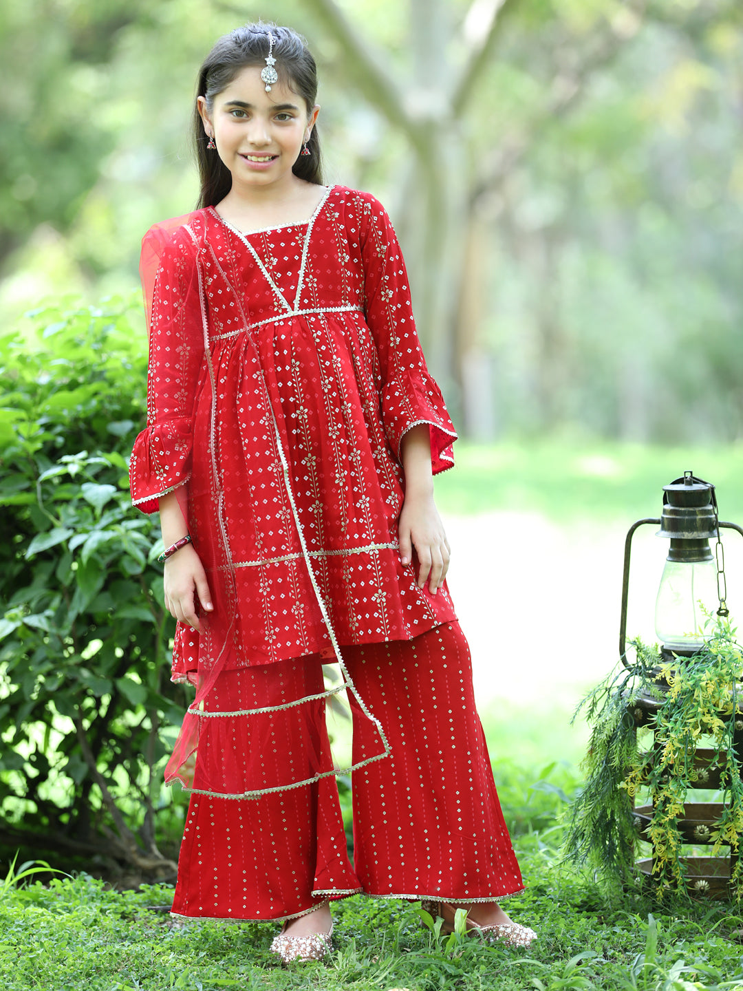Cutiekins Ethnic Motif Printed A-line Kurta,Bell Bottom Palazzo & Dupatta Set-Red & Golden