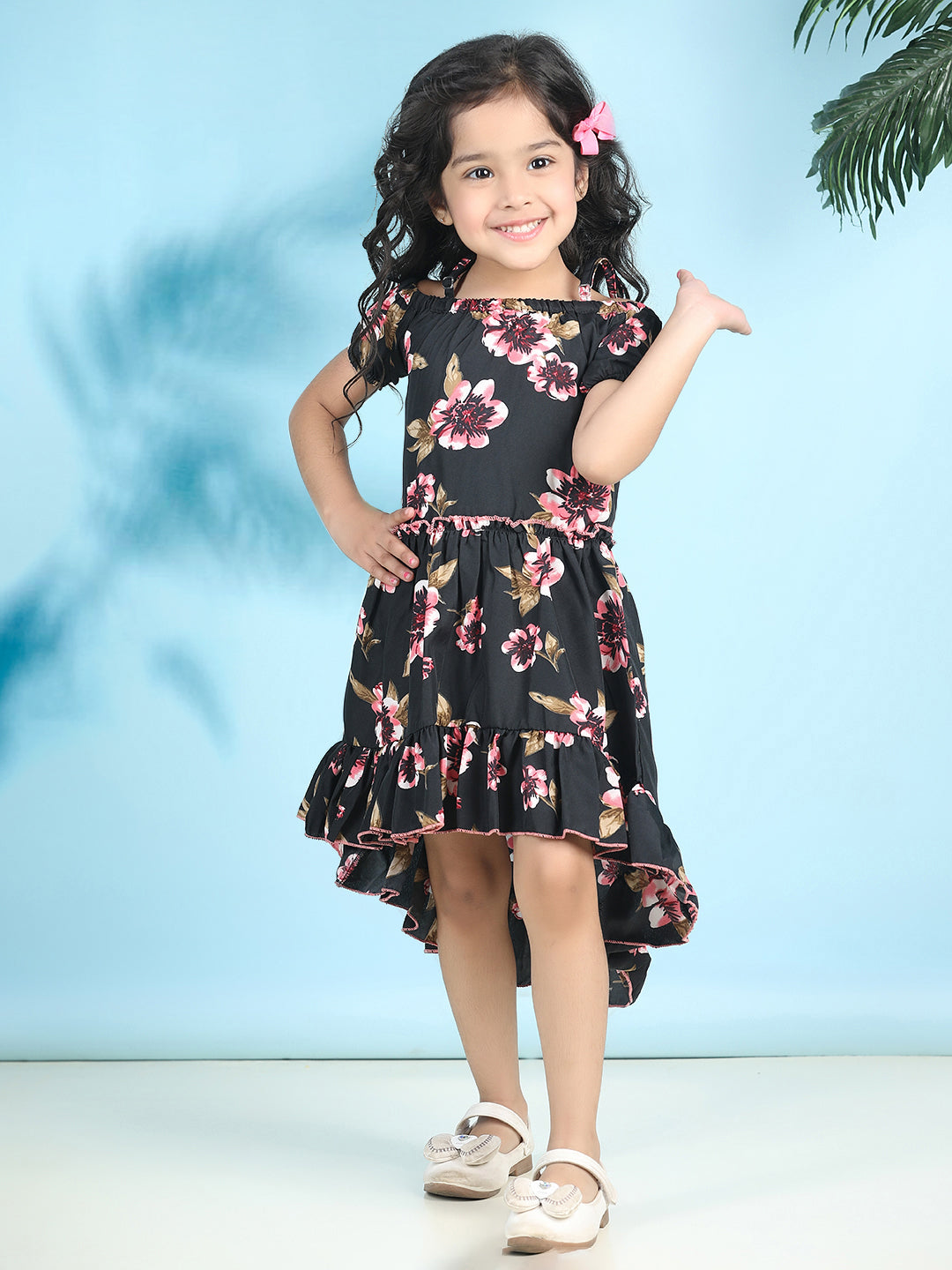 Cutiekins Girls Trendy & Stylish Floral Printed Dress -Black & Pink