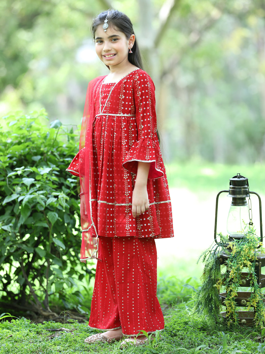 Cutiekins Ethnic Motif Printed A-line Kurta,Bell Bottom Palazzo & Dupatta Set-Red & Golden
