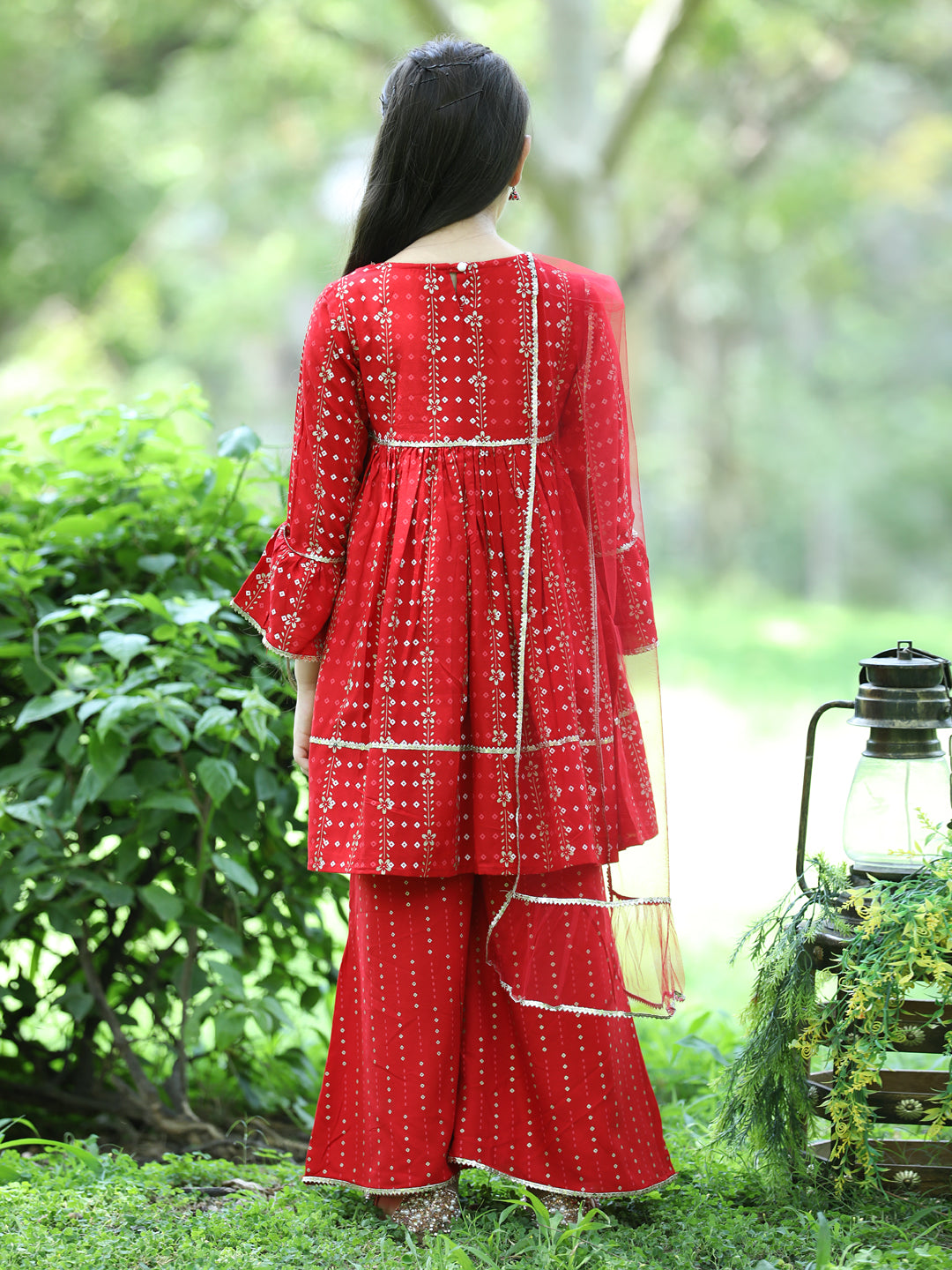 Cutiekins Ethnic Motif Printed A-line Kurta,Bell Bottom Palazzo & Dupatta Set-Red & Golden