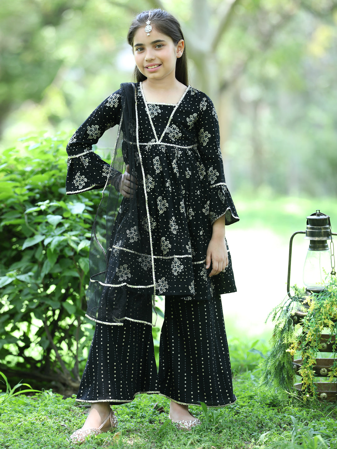 Cutiekins Ethnic Motif Printed A-line Kurta,Bell Bottom Palazzo & Dupatta Set-Black & Golden