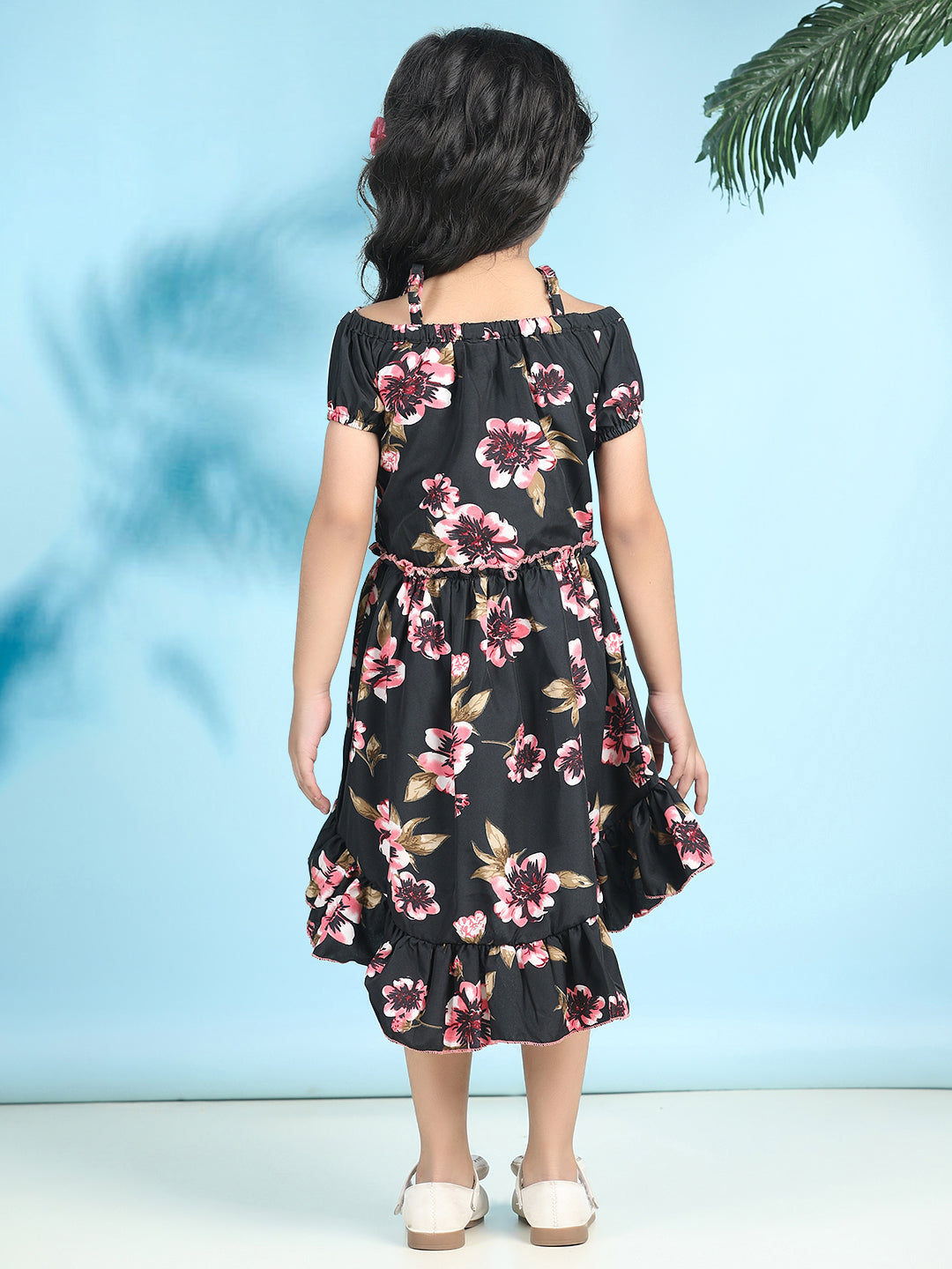 Cutiekins Girls Trendy & Stylish Floral Printed Dress -Black & Pink
