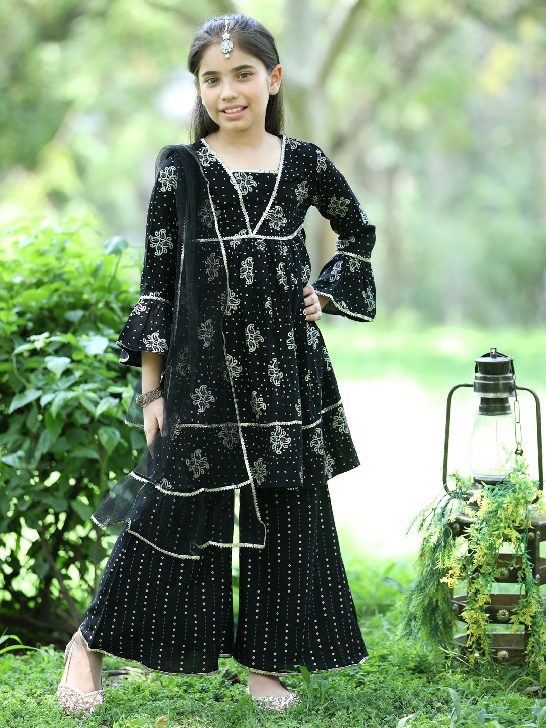 Cutiekins Ethnic Motif Printed A-line Kurta,Bell Bottom Palazzo & Dupatta Set-Black & Golden