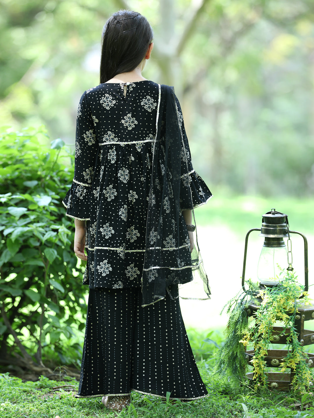 Cutiekins Ethnic Motif Printed A-line Kurta,Bell Bottom Palazzo & Dupatta Set-Black & Golden