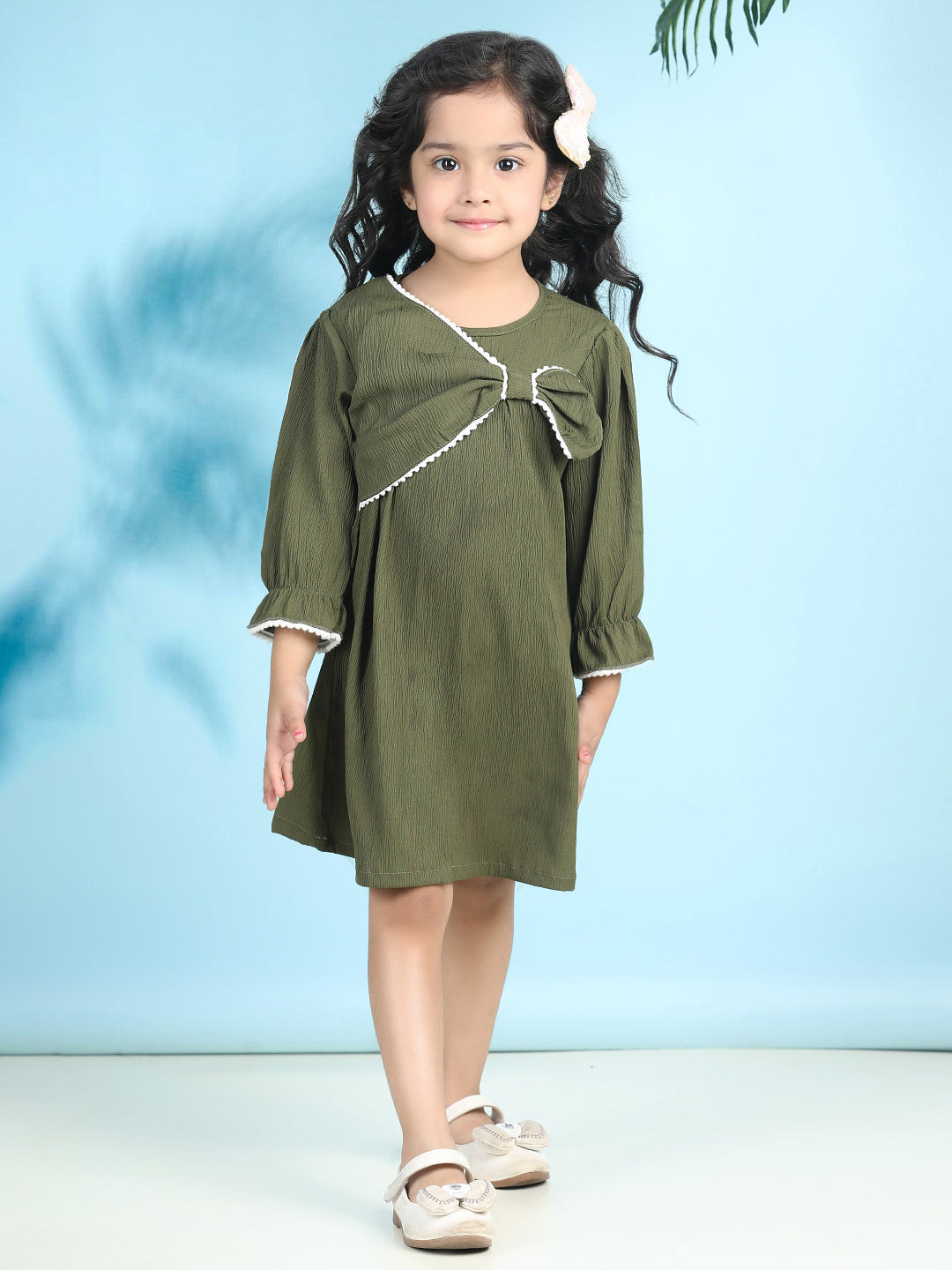 Cutiekins Girls Trendy & Stylish Solid Dress -Olive Green & Off White