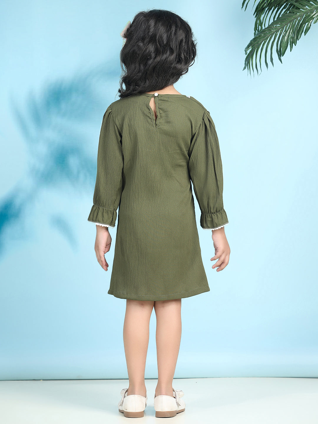 Cutiekins Girls Trendy & Stylish Solid Dress -Olive Green & Off White