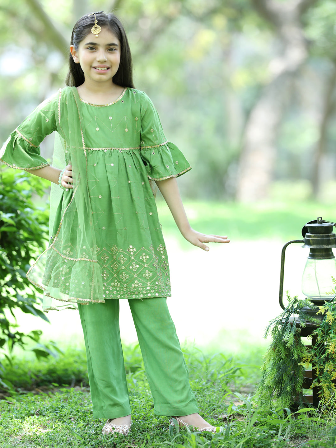 Cutiekins Ethnic Motif Printed A-line Kurta,Bell Bottom Palazzo & Dupatta Set-Light Green & Golden