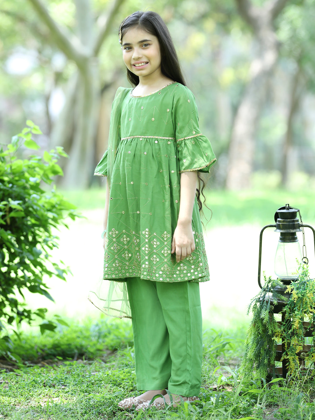 Cutiekins Ethnic Motif Printed A-line Kurta,Bell Bottom Palazzo & Dupatta Set-Light Green & Golden