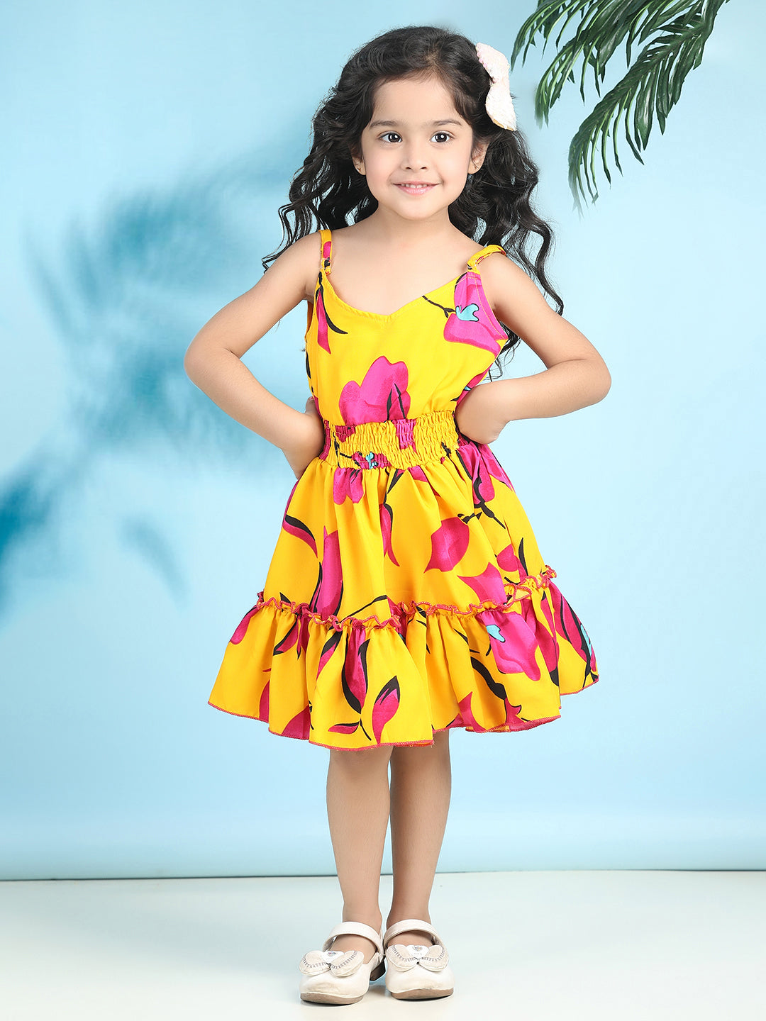 Cutiekins Girls Trendy & Stylish Floral Printed Dress -Yellow & Pink