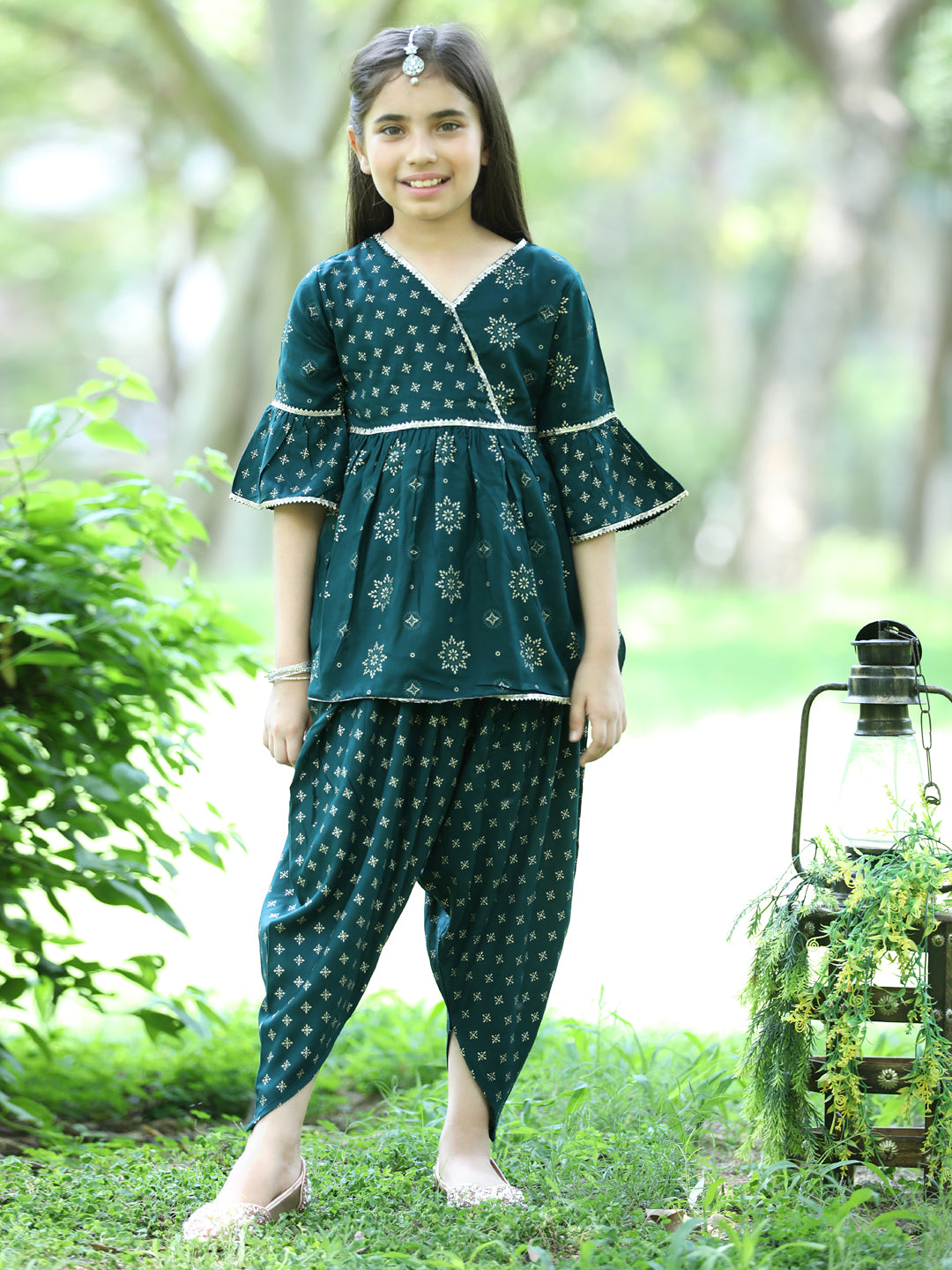 Cutiekins Ethnic Motif Printed Peplum Kurta & Dhoti Set-Teal Blue & Gold