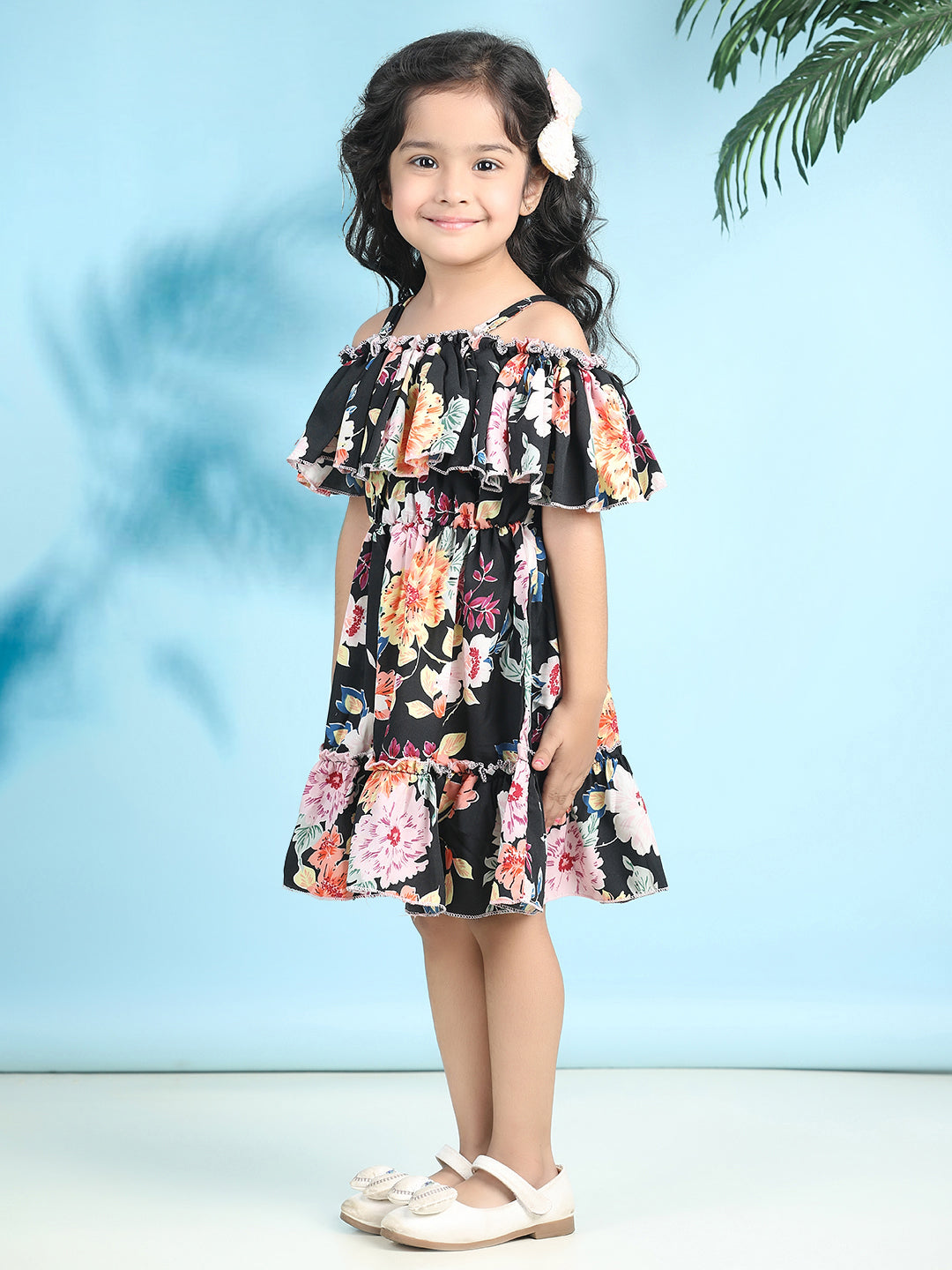 Cutiekins Girls Trendy & Stylish Floral Printed Dress -Black & Multi