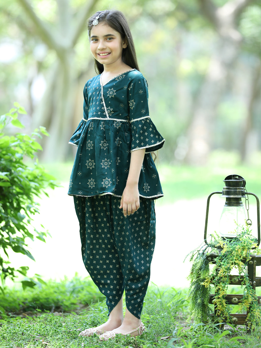 Cutiekins Ethnic Motif Printed Peplum Kurta & Dhoti Set-Teal Blue & Gold