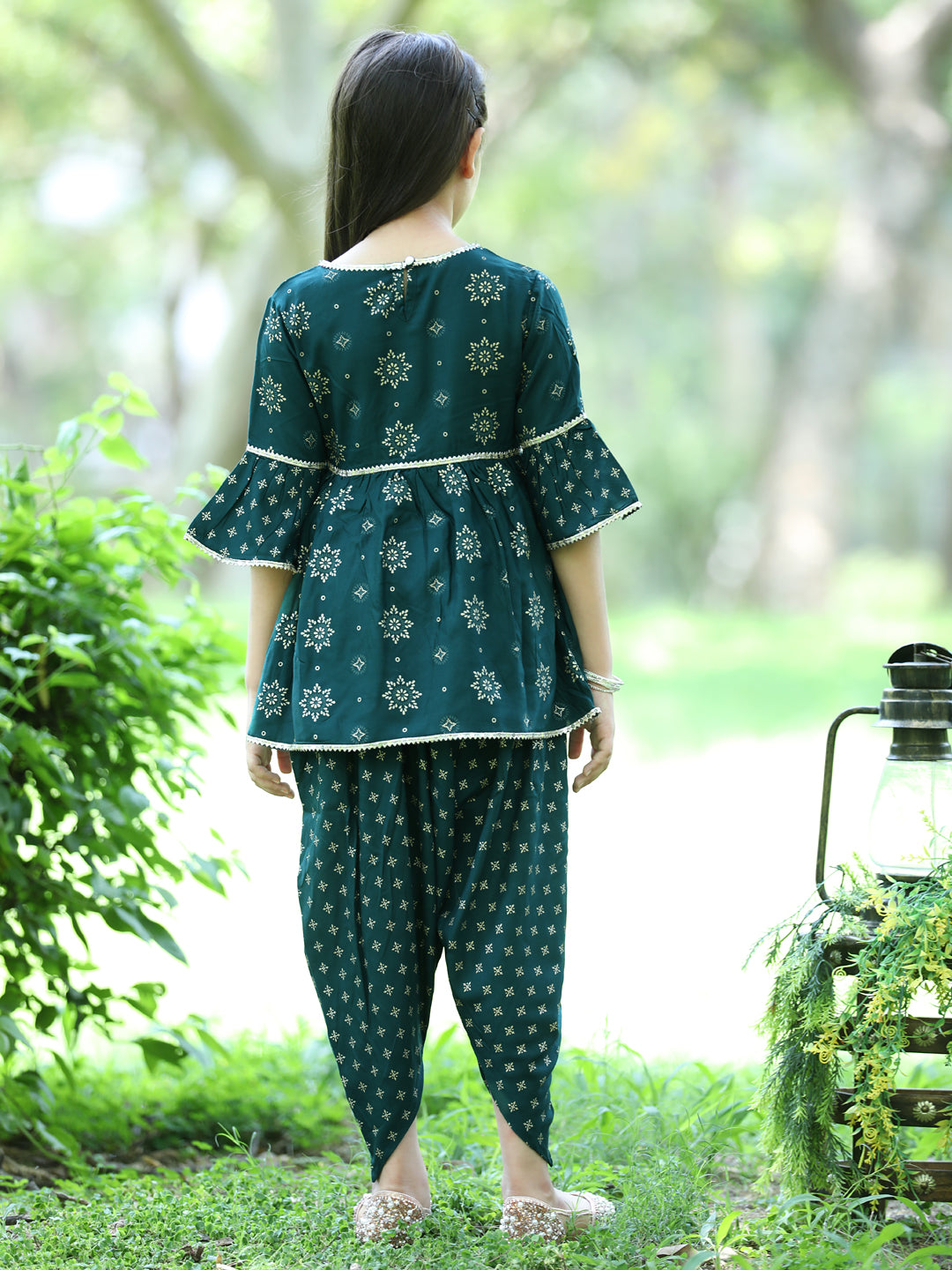 Cutiekins Ethnic Motif Printed Peplum Kurta & Dhoti Set-Teal Blue & Gold